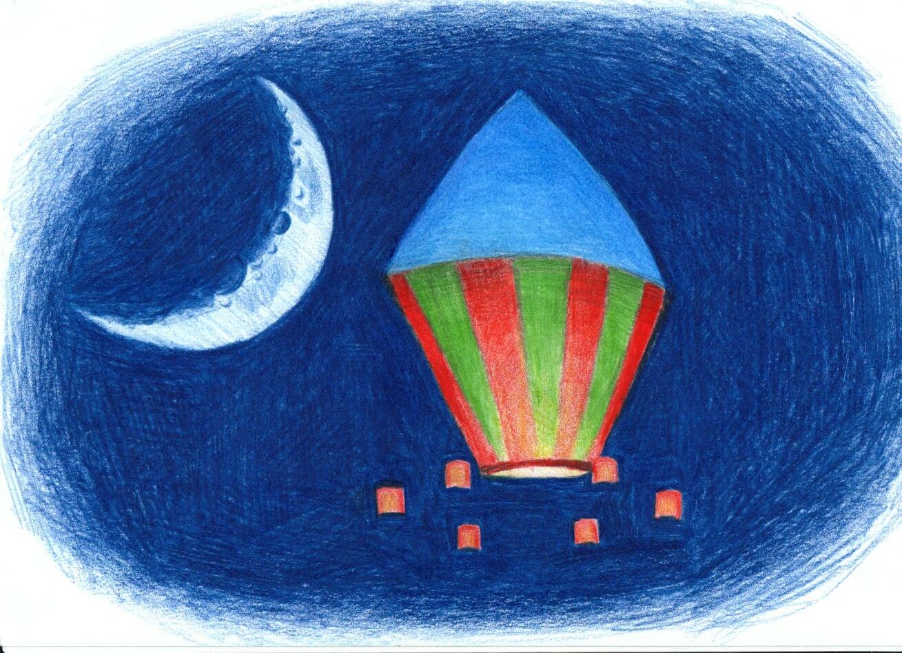 Um balão sobe no céu azul da noite fazendo companhia para a Lua.