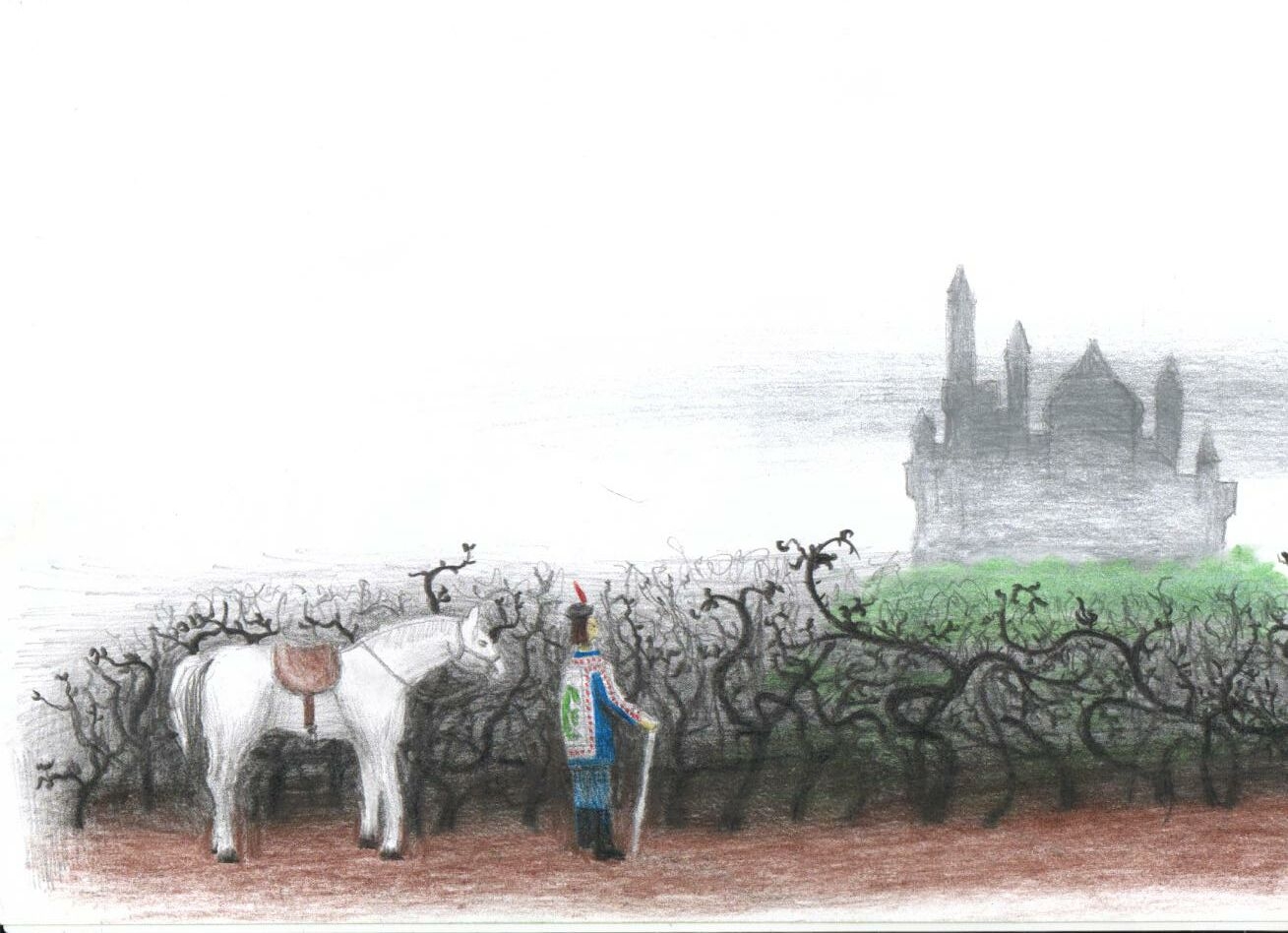 Um cavaleiro se aproxima de um misterioso castelo rodeado por uma floresta de espinhos.