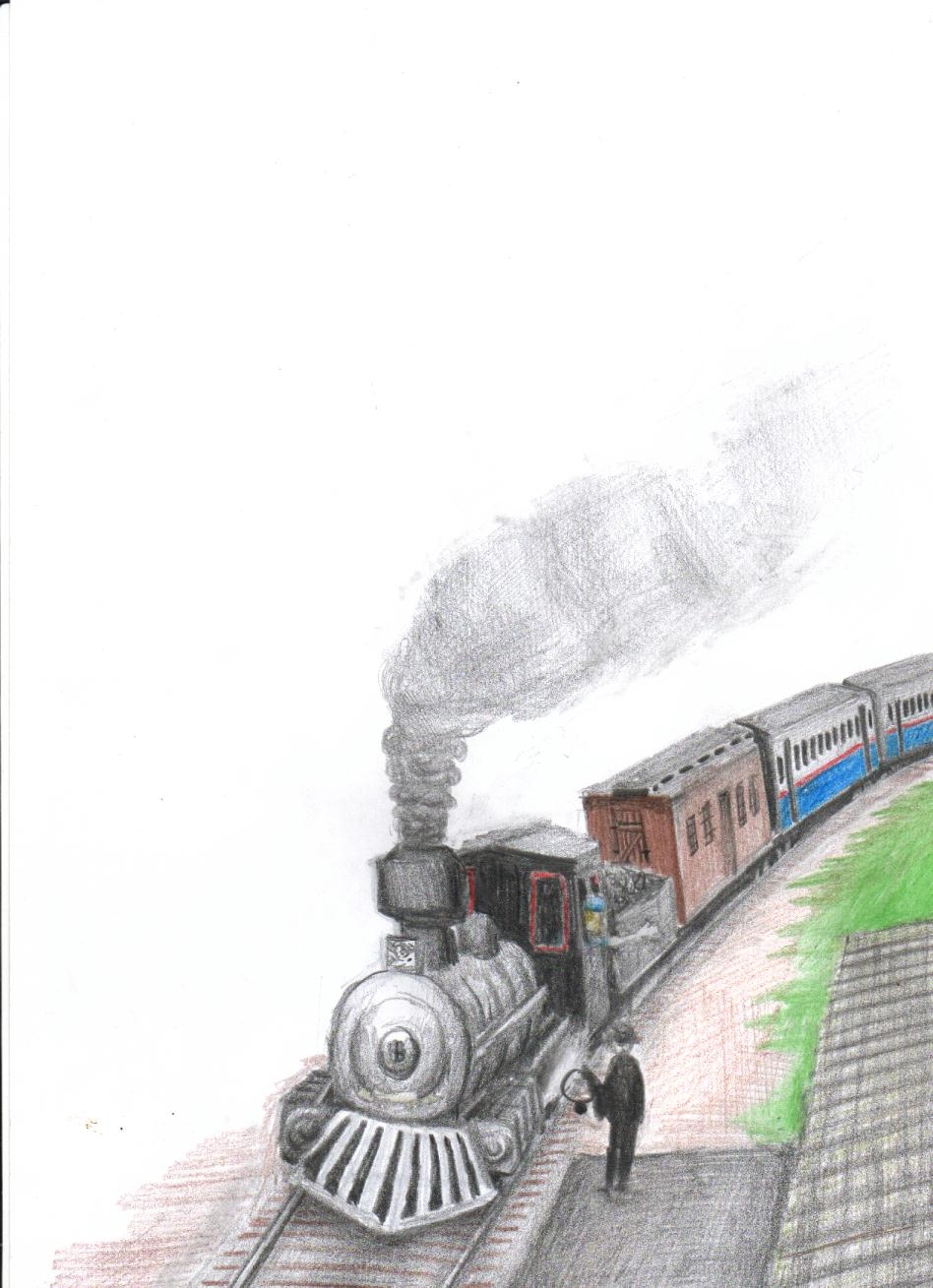 Uma maria fumaça aproxima-se da plataforma da estação, onde um funcionário entrega ao maquinista uma autorização de tráfego.