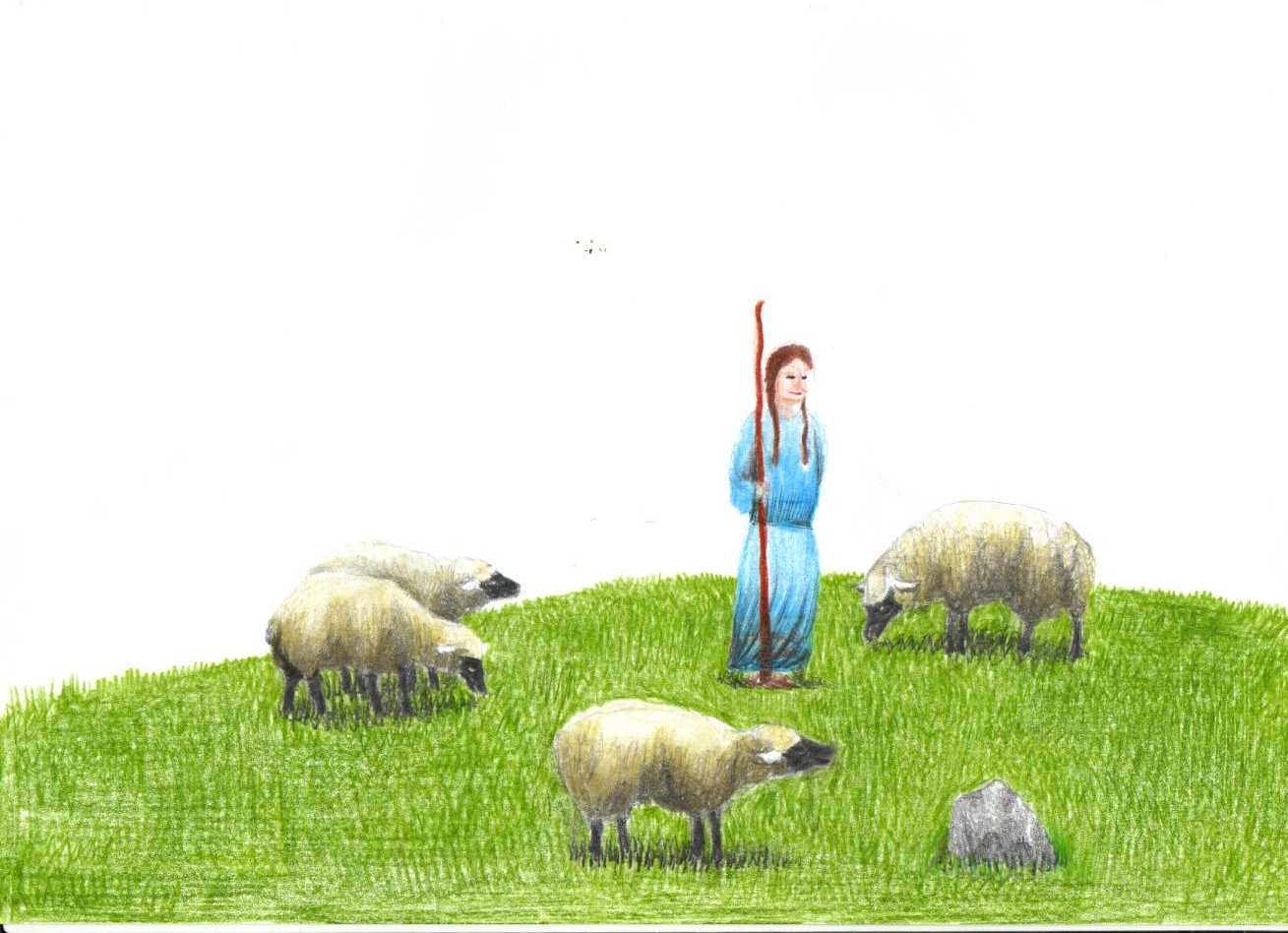 No alto de uma montanha, uma pastora cuida do seu rebanho.